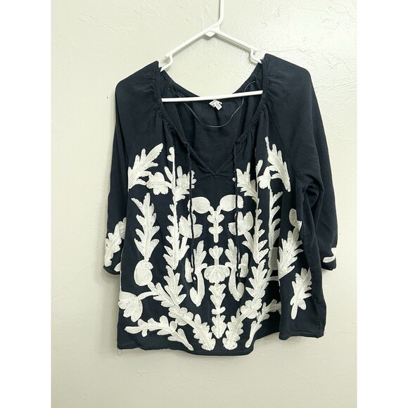 Crown Ivy Peasant Blouse 2X Blue Boxy Cotton Floral Embroidered Boho Resort Top - Picture 1 of 7